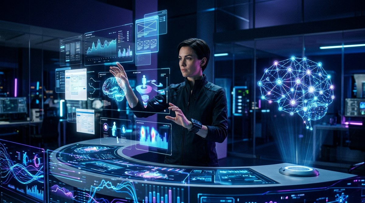 AI-powered UX research network diagram showing data nodes for users, patterns, insights, flows and tests with timeline comparison on dark background - Kijoo Agency