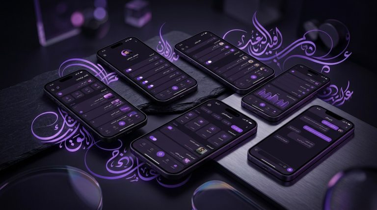 Arabic-first UX patterns showing RTL mobile interface mockup compared to LTR Western layout with bidirectional UI tags on dark background - Kijoo Agency