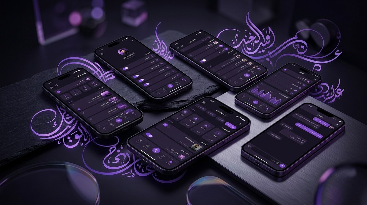 Arabic-first UX patterns showing RTL mobile interface mockup compared to LTR Western layout with bidirectional UI tags on dark background - Kijoo Agency