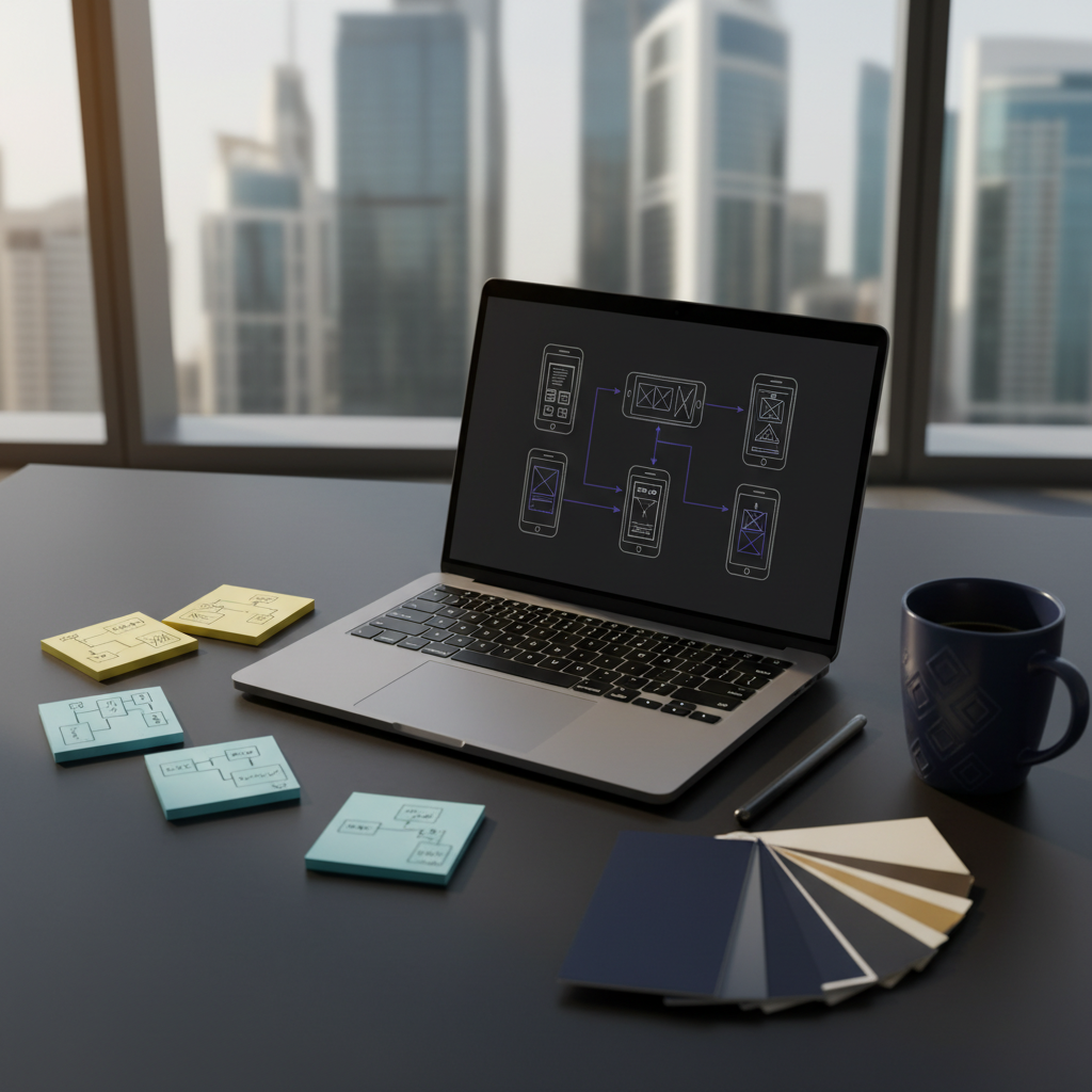 UX design workspace with wireframes laptop and Saudi cityscape