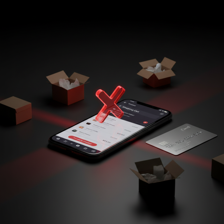 Smartphone showing e-commerce checkout with red X warning and scattered packages on dark background