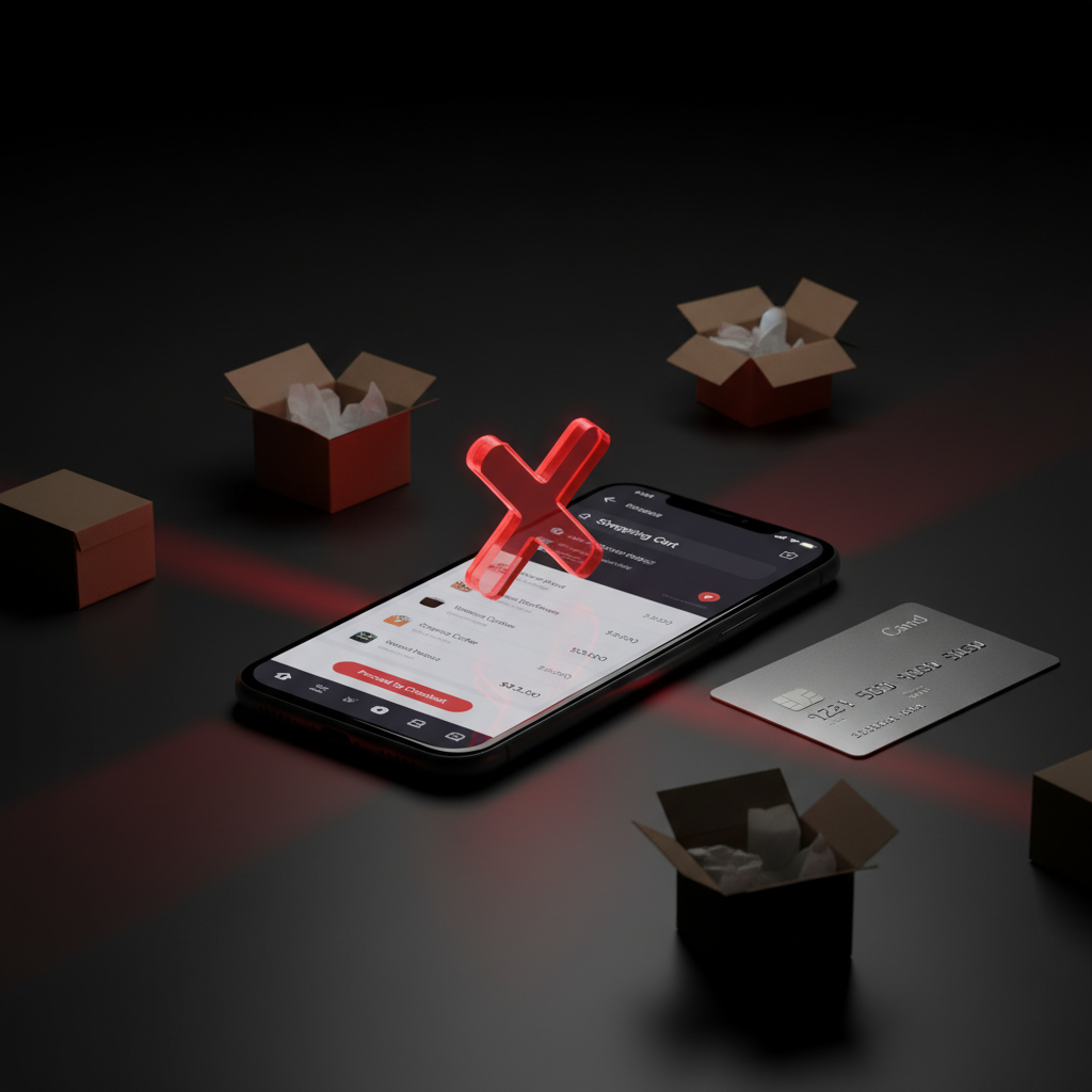 Smartphone showing e-commerce checkout with red X warning and scattered packages on dark background