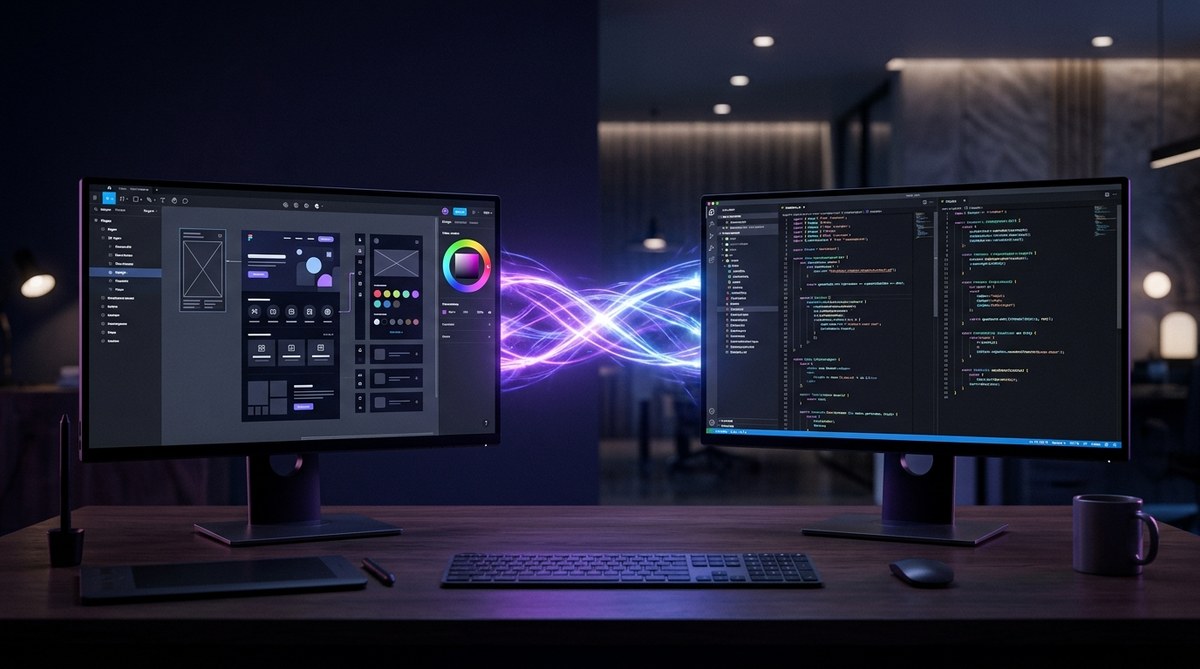 Designer and developer collaboration bridge with design and code circles connected on dark grid background