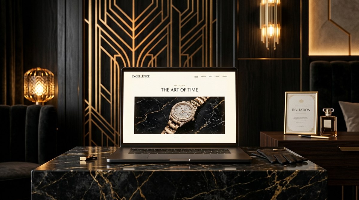 Art of digital luxury design with gold art deco geometric pattern and premium UX keyword tags on dark background