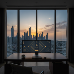 Premium design workspace overlooking Gulf city skyline at sunset with Arabic interface on screen