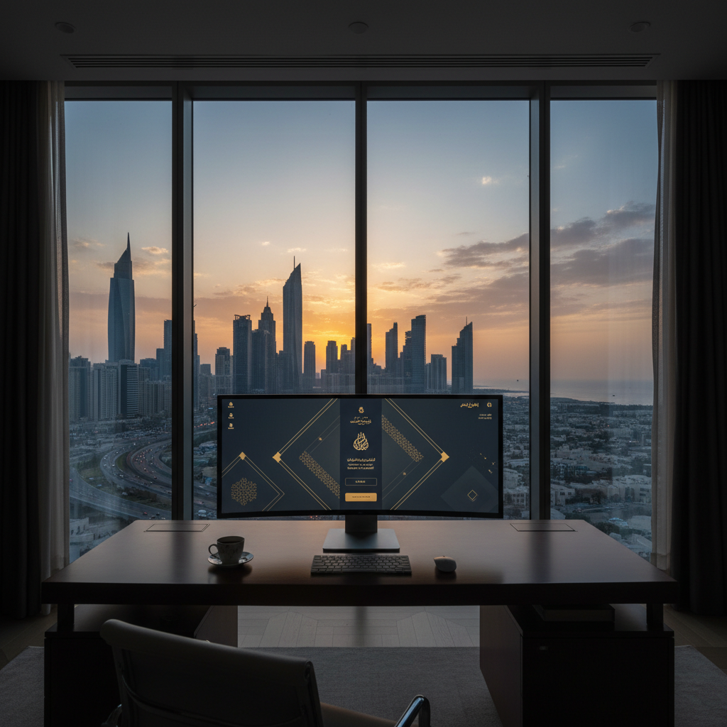 Premium design workspace overlooking Gulf city skyline at sunset with Arabic interface on screen