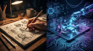 Human-made design versus AI comparison showing organic brush strokes against precise dot matrix grid with authenticity quote on dark background - Kijoo Agency