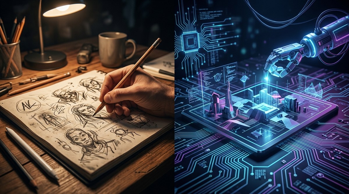 Human-made design versus AI comparison showing organic brush strokes against precise dot matrix grid with authenticity quote on dark background - Kijoo Agency