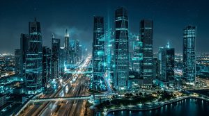 Saudi Vision 2030 digital transformation infographic with hexagonal network and investment statistics on dark background