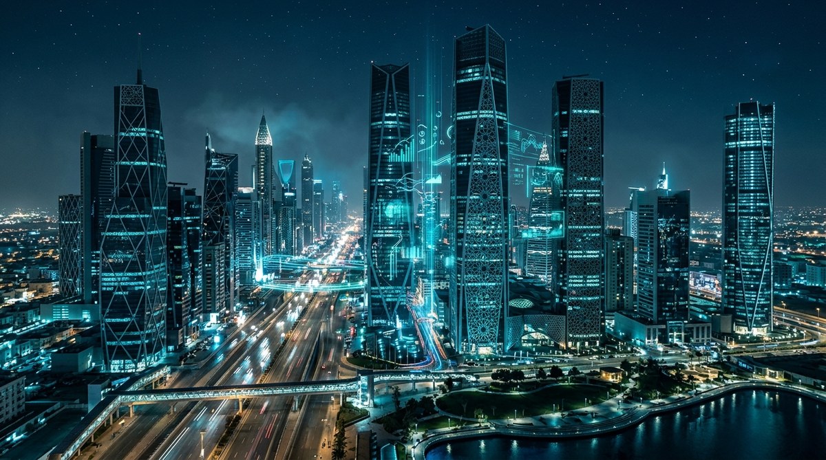 Saudi Vision 2030 digital transformation infographic with hexagonal network and investment statistics on dark background