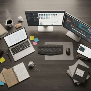 Product design workspace evolution from startup wireframes to enterprise design system with multiple screens