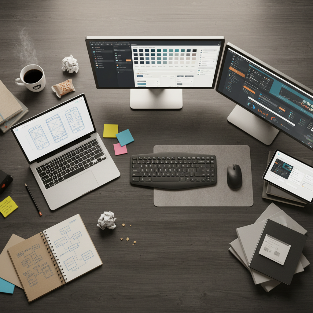 Product design workspace evolution from startup wireframes to enterprise design system with multiple screens